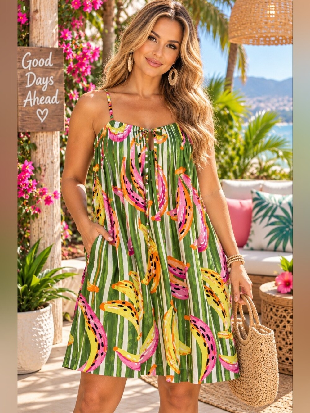 Free Assembly Women's Banana Print Stripe Sleeveless Mini Dress Size S (4-6) NWT